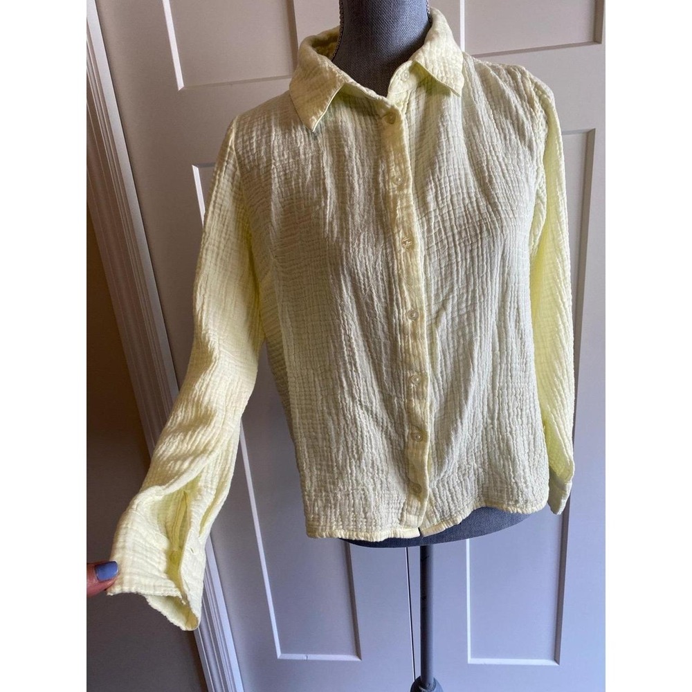 Peace love world Boho Yellow Crinkle Gauze Button embroidered Shirt R1